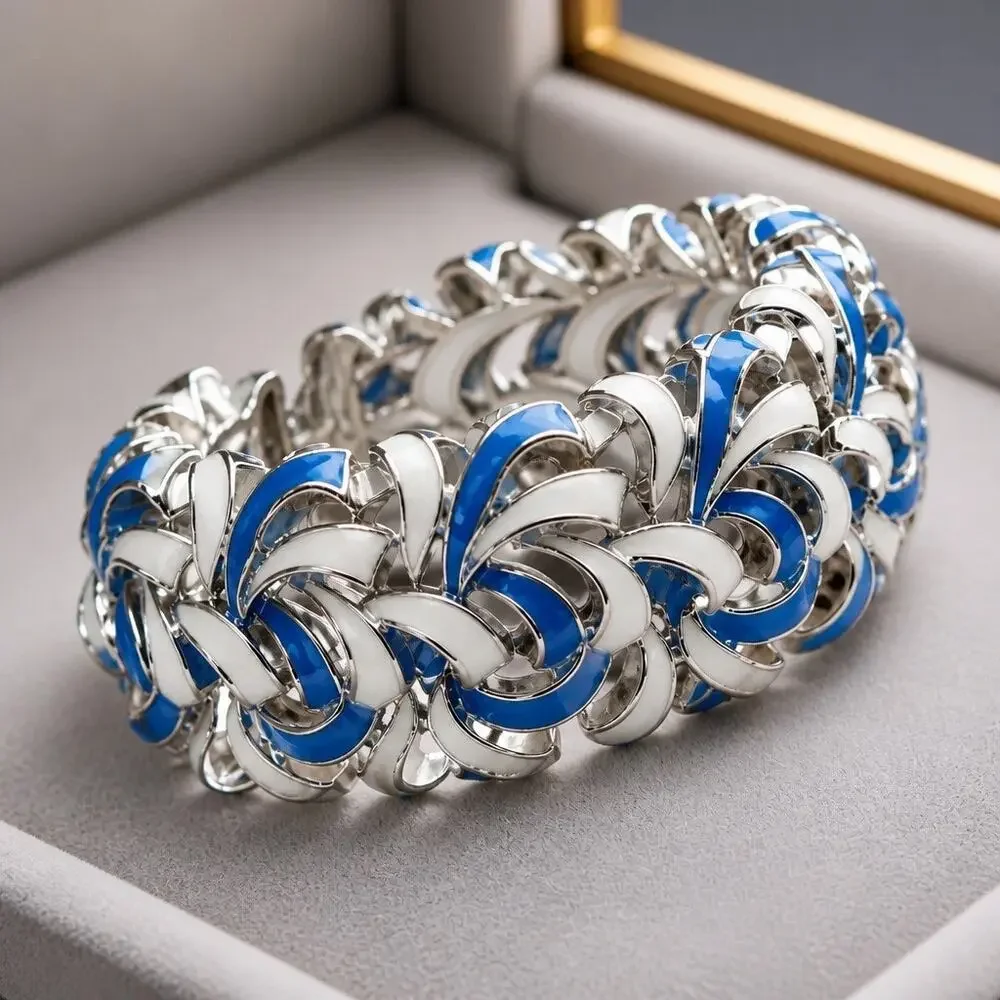 Vintage 1950s Signed Jewelcraft by Coro Two-Tone Blue Enamel Leaf Bracelet